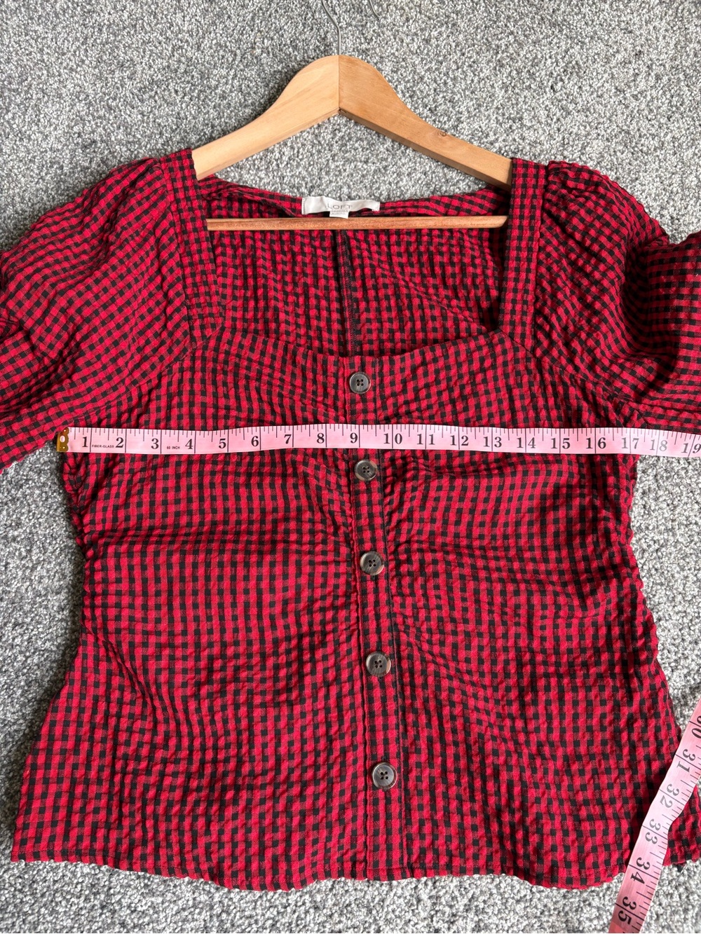 LOFT Gingham Gathered Square Neck Top Red Black Puff Sleeve Blouse Size 8 Picnic - Picture 12 of 14